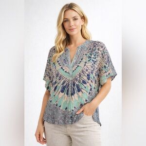 BCBG Max Azria Printed Flowy Blouse Split Neck Lightweight Top